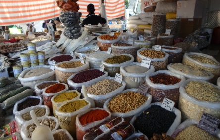 Dried beans, spices and nuts at the open market in Grotte